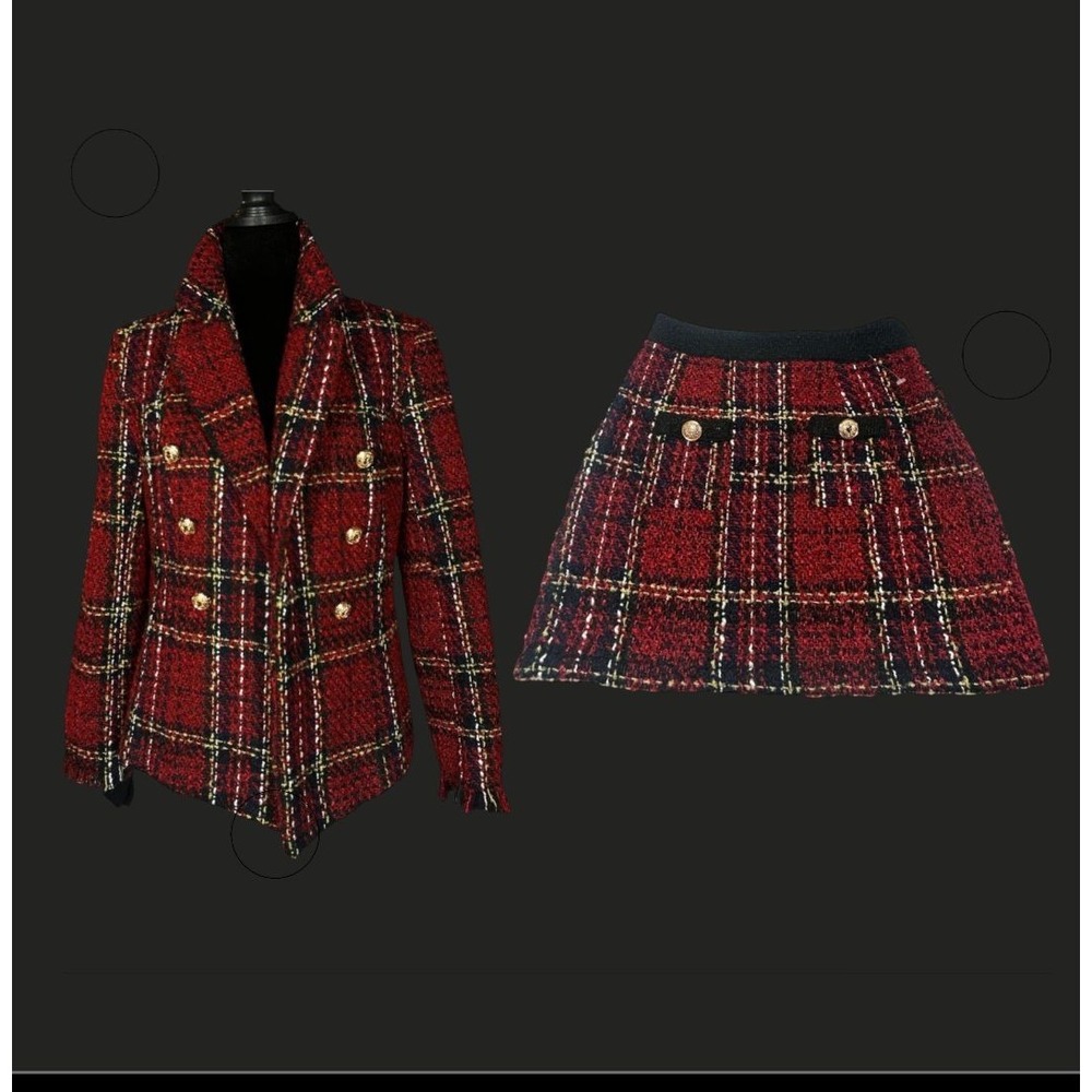 SHEIN Red Plaid Tweed Skirt Suit Set Double Breasted Blazer Mini Skirt XS US 2